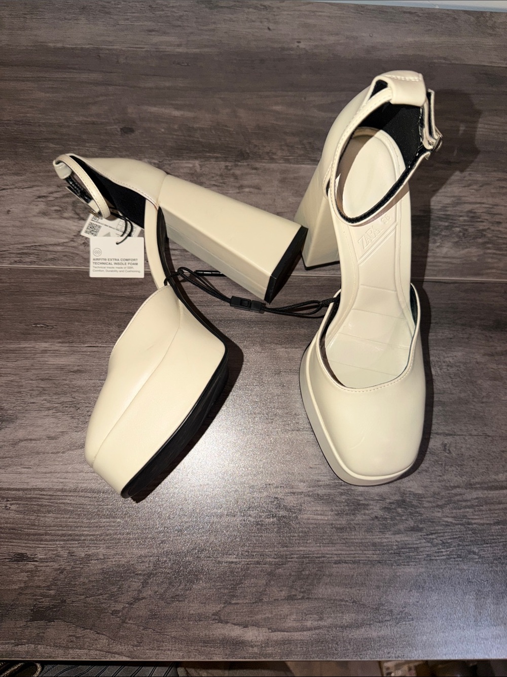 Zara Cream Ankle Strap Block Heel Pumps